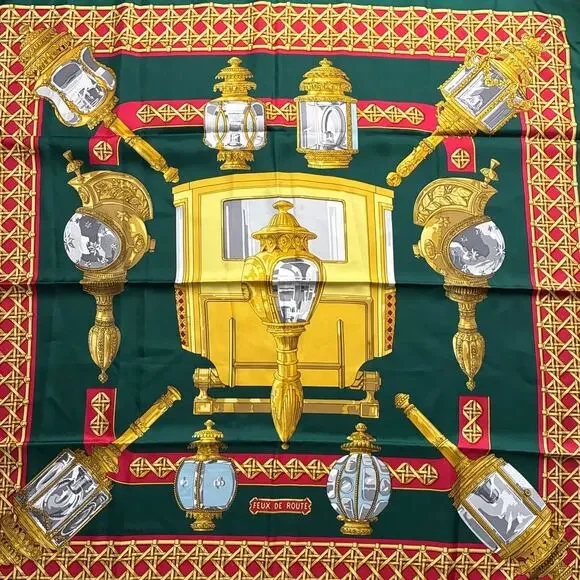 Hermes Feux De Route Vintage 90cm Green Red Silk Scarf Carre - Picture 7 of 9